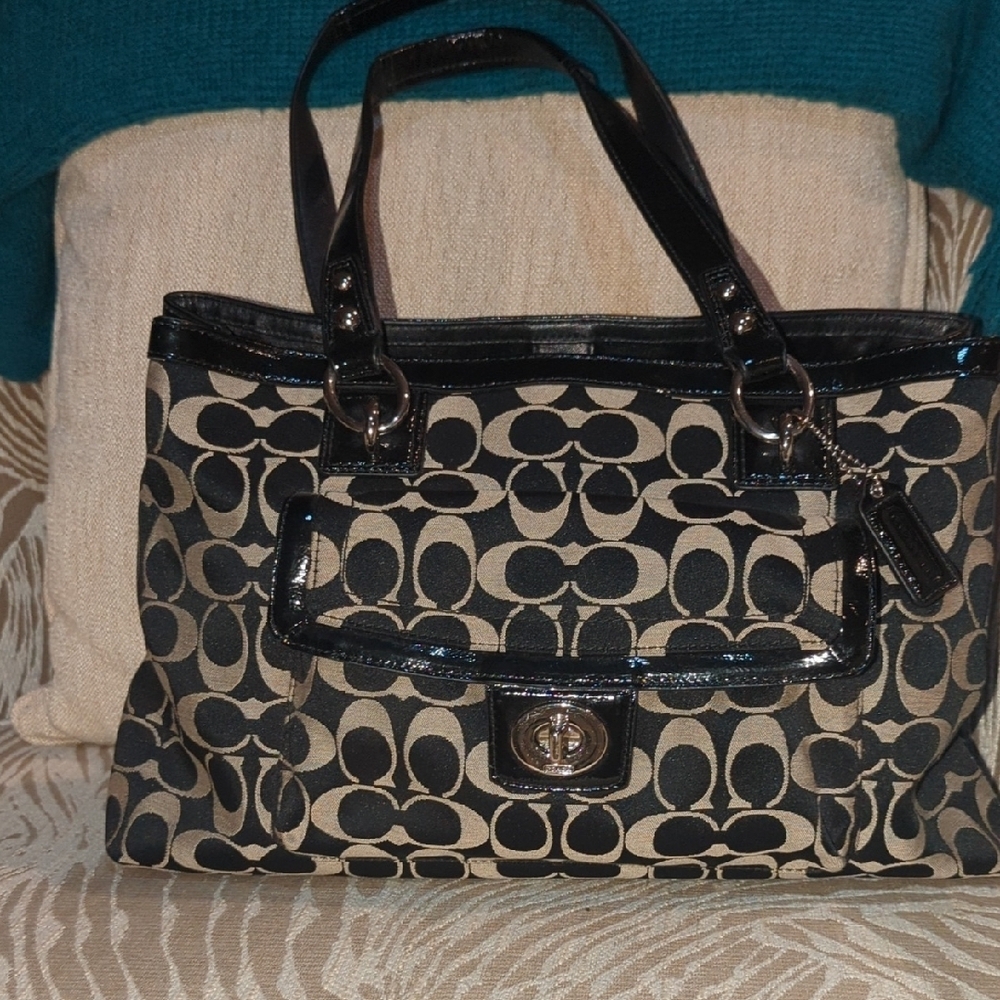 Coach Penelope Black and Cream Shoulder Bag with Patent straps and trim